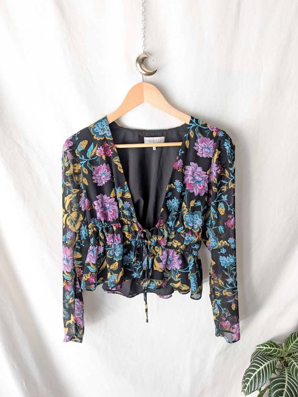 Wayf Black Floral Tie-Front Blouse with Purple & Teal Flowers
